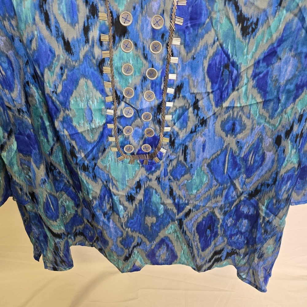 Chico's Ikat Printed Sequin Embellished Tunic Top Boho Hippie Blue Size 3‎ XL - Picture 6 of 11